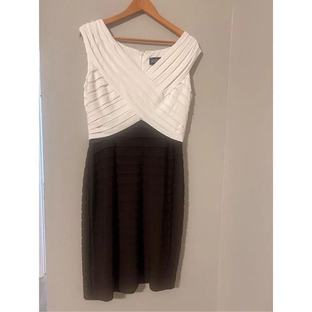 Adrianna Papell Size 14 Pleated Colorblock Cocktail Mini Dress White Black Layer